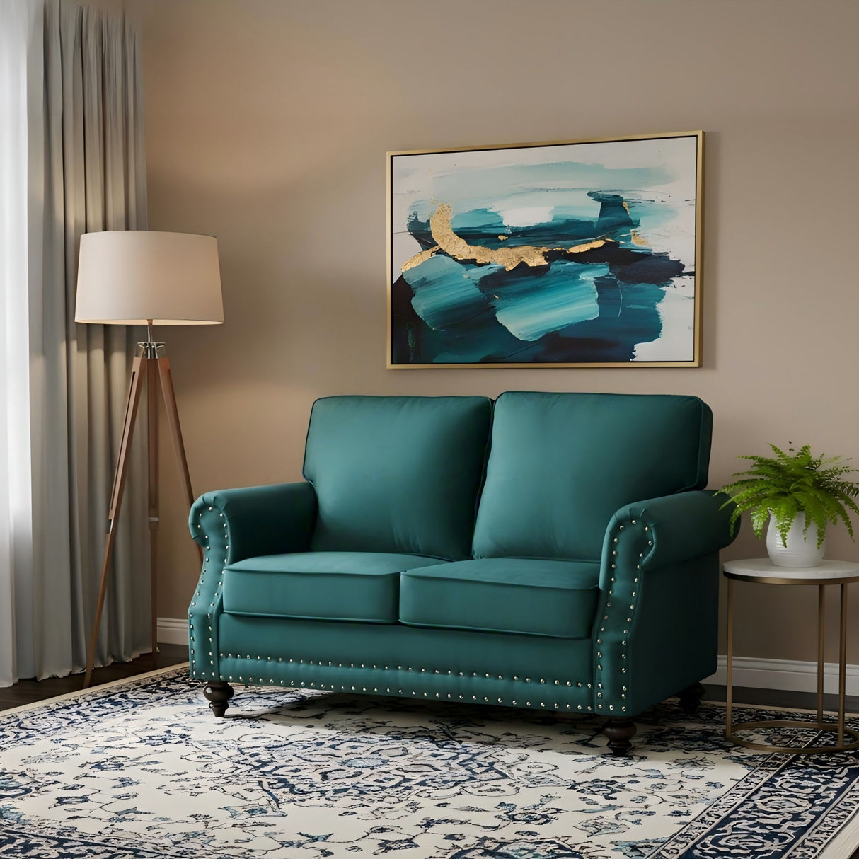 Loveseat Sofa With Nailhead Detail & Turned Legs, 2 Seater Upholstered Couch