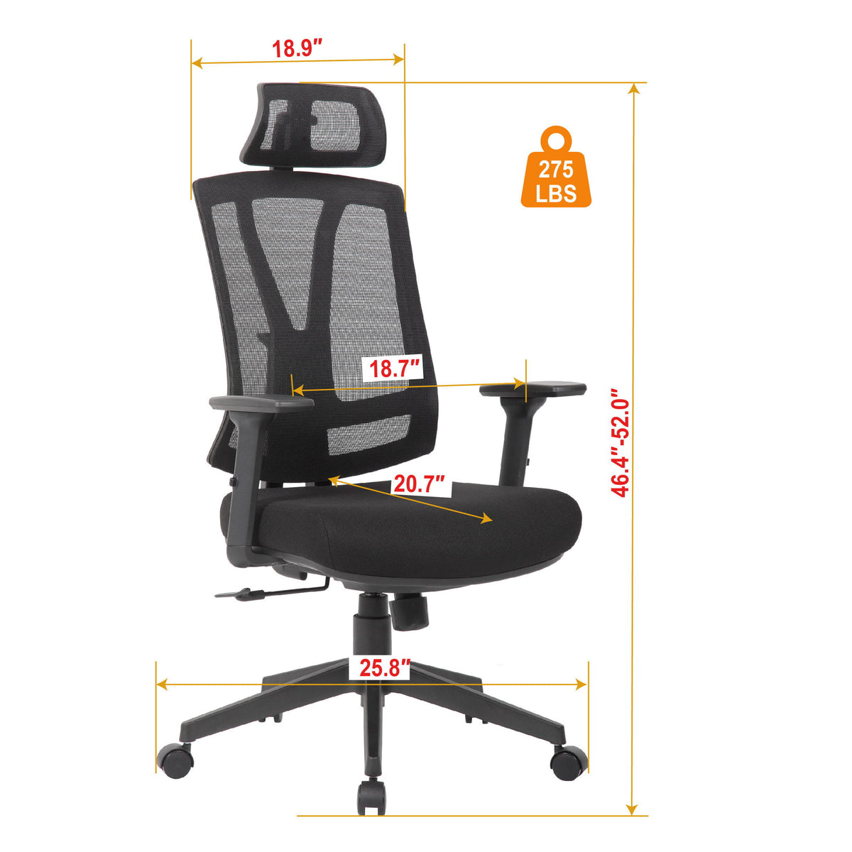 Office Chair With Adjustable Headrest & Back, High Back Swivel - Black