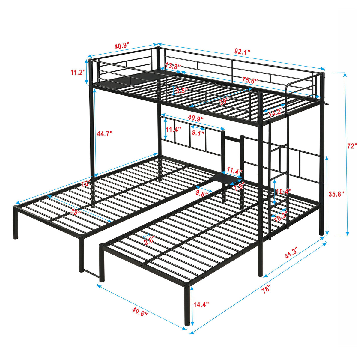 Twin Over Twin Over Twin Triple Bunk Bed With Safety Rails And Storage Shelf - Black