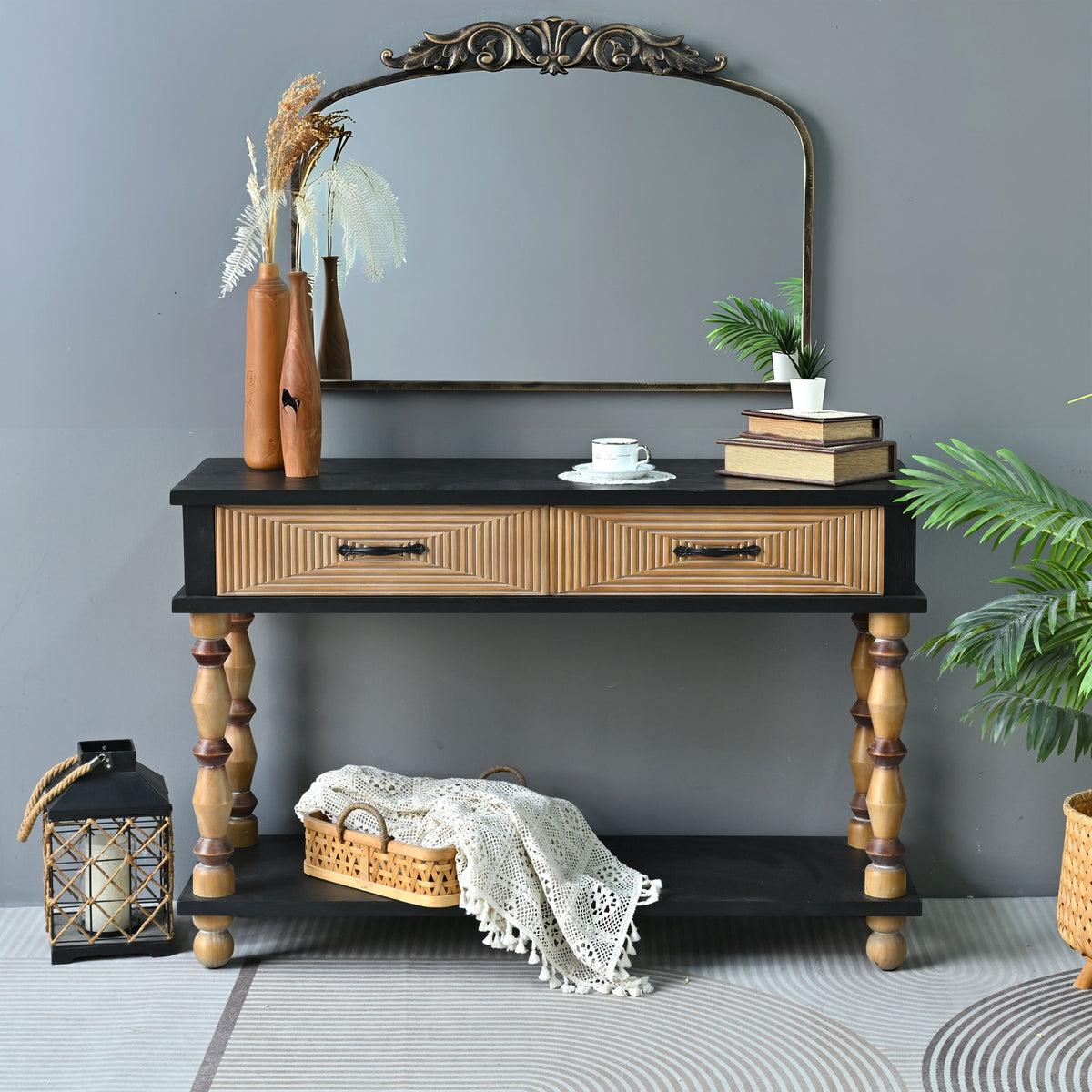Accent Carved Console Table With Open Shelf And 2 Drawers Living Room - Black / Natural Wood Wash