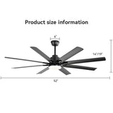 52" Smart Ceiling Fan With 8 Blades, Voice Remote Control, 6 Wind Speeds, LED Light - Black