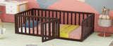 Twin Size Floor Bed Frame With Fence And Door - Walnut