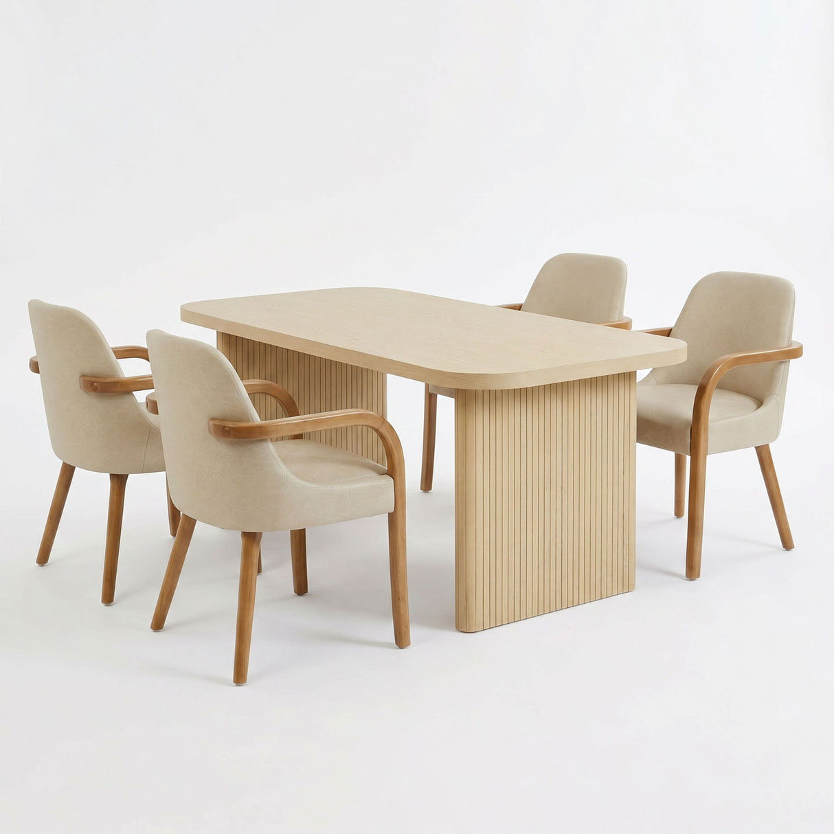 5 Piece Indoor Dining Set With Fluted Table & Chairs - Khaki / Light Oak / Natural
