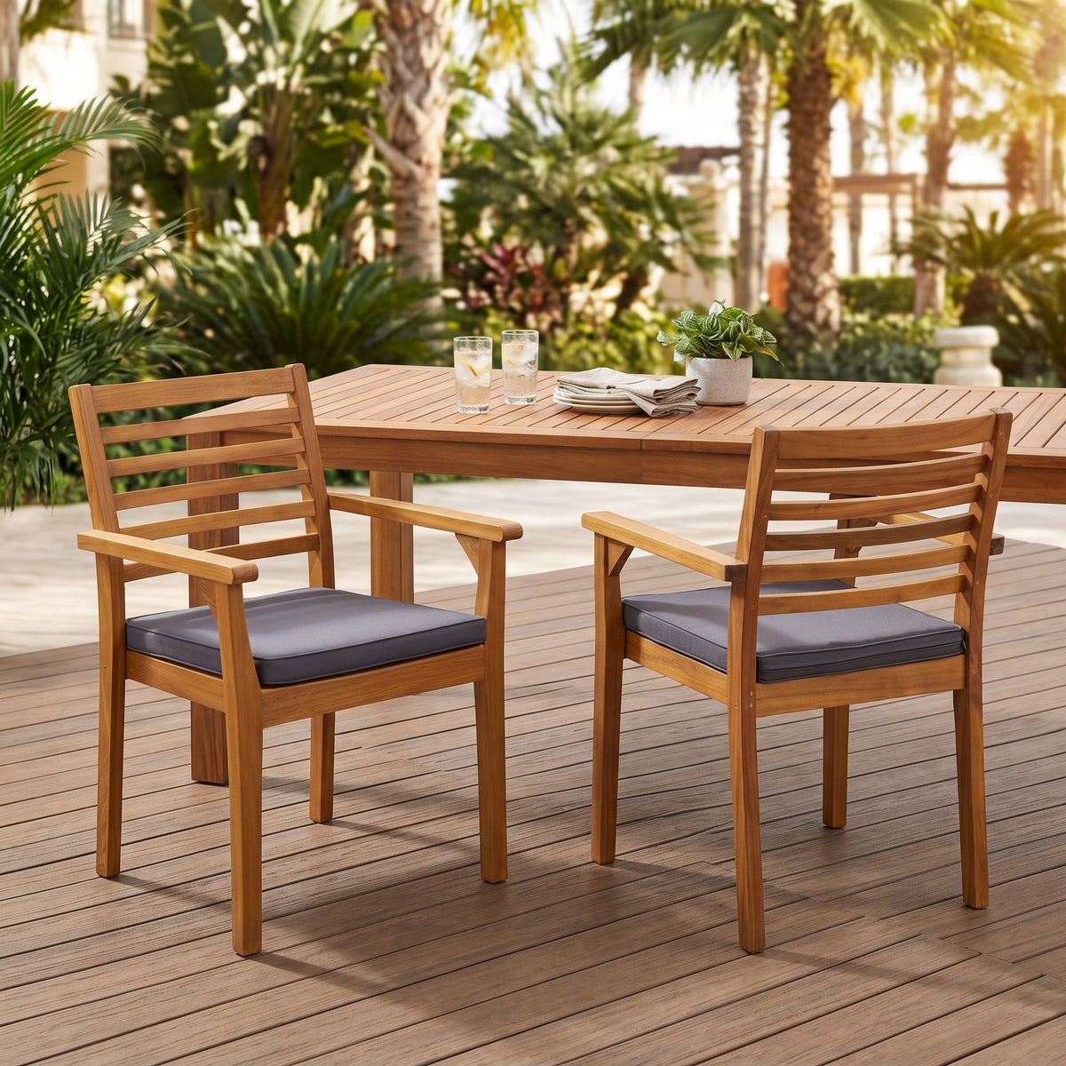 Outdoor Dining Chair With Slat Back And Acacia Wood Frame (Set of 2) - Gray