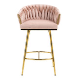 Counter Height Bar Stools Kitchen Island Counter Bar Stool With Hand - Wave Back, Golden Chromed Base And Footrest (Set of 2) - Pink