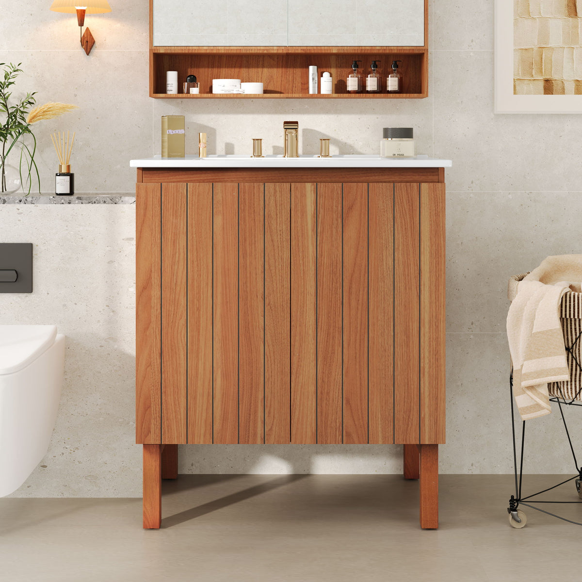 Bathroom Vanity With Sink, Minimalist Design, 45 Degrees Free Handle Doors - Antique Natural
