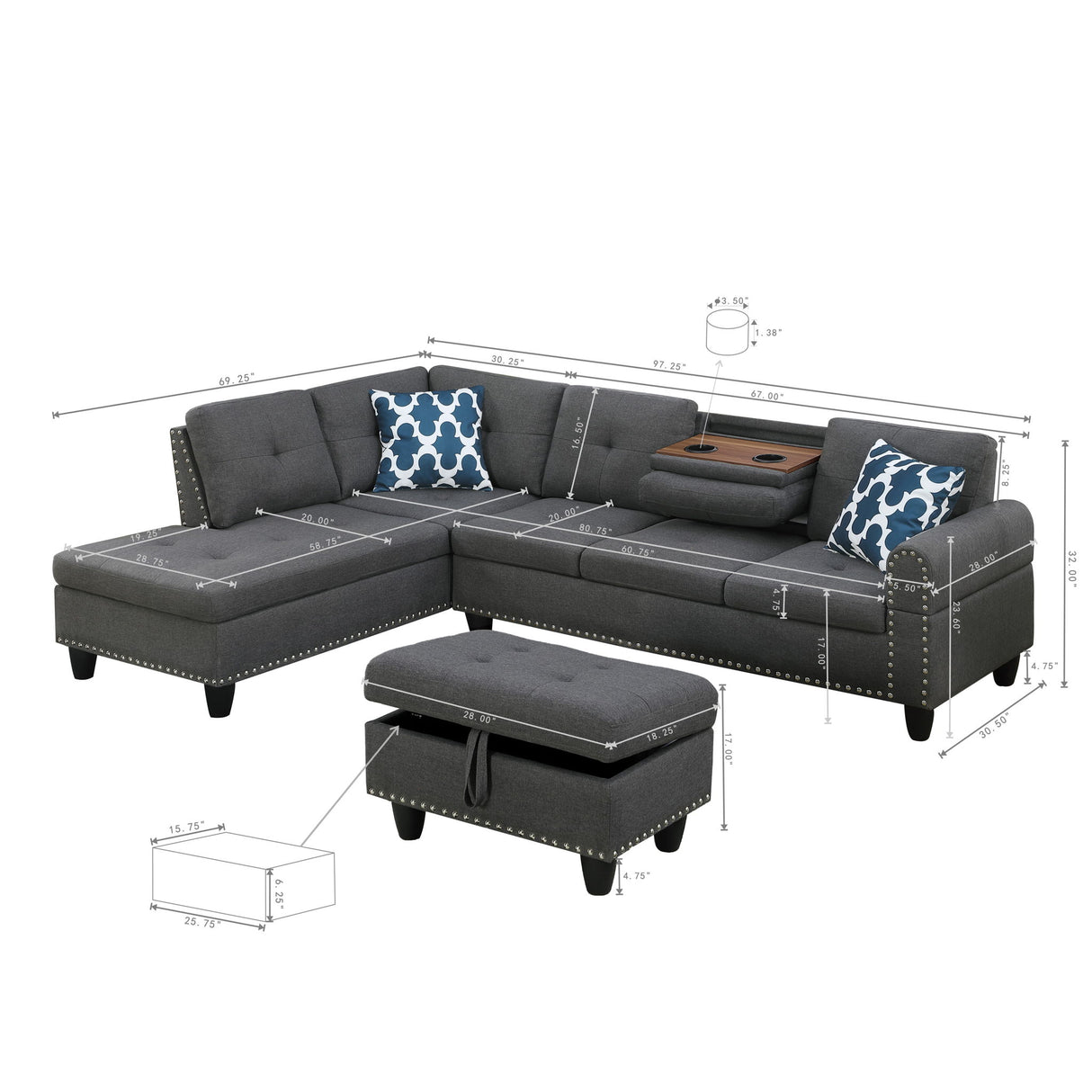 Alger - Left Hand Facing Sofa & Chaise With Ottoman - Dark Gray