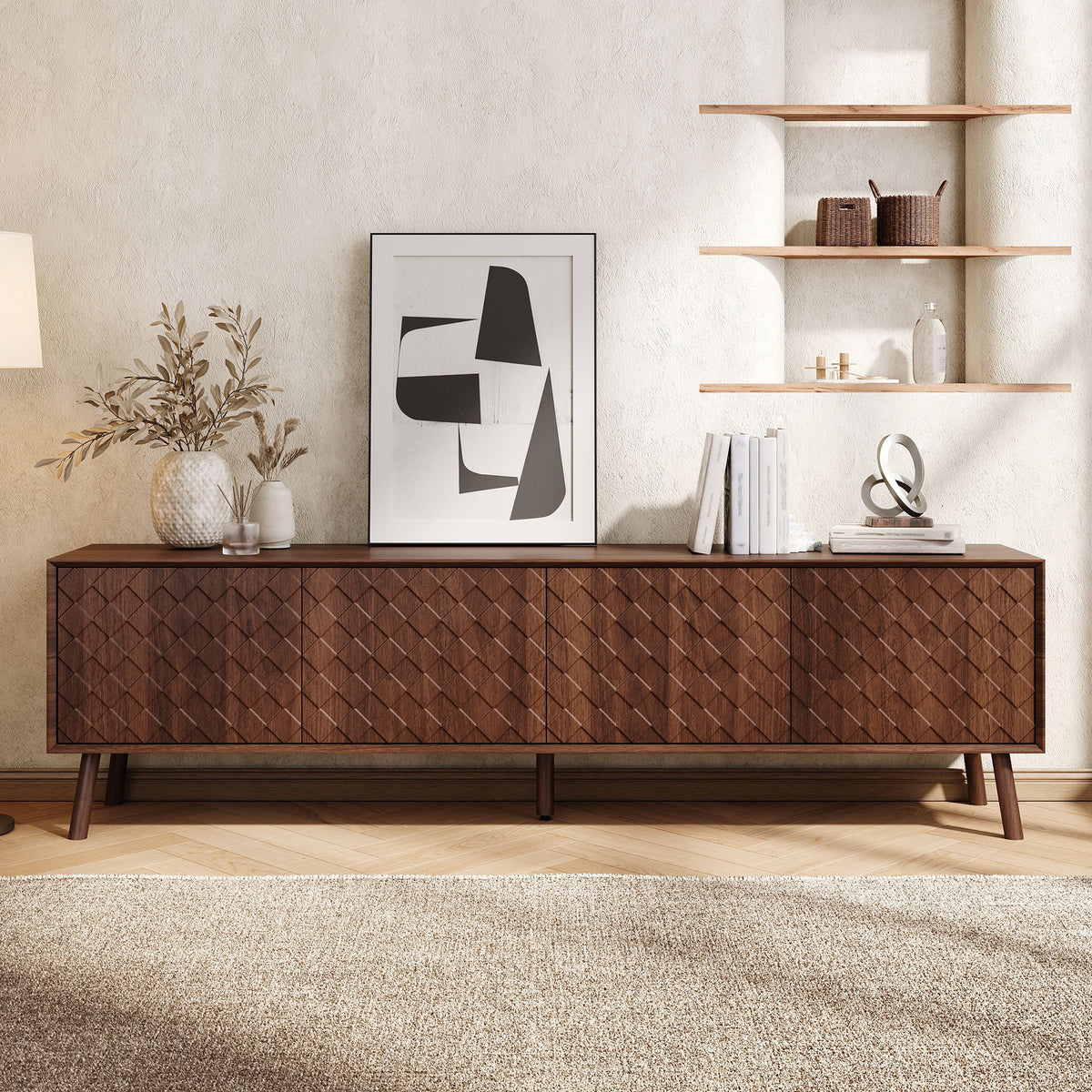 70" TV Stand For TVs Up To 80", Soft Closing Hinges And Cable Management - Walnut