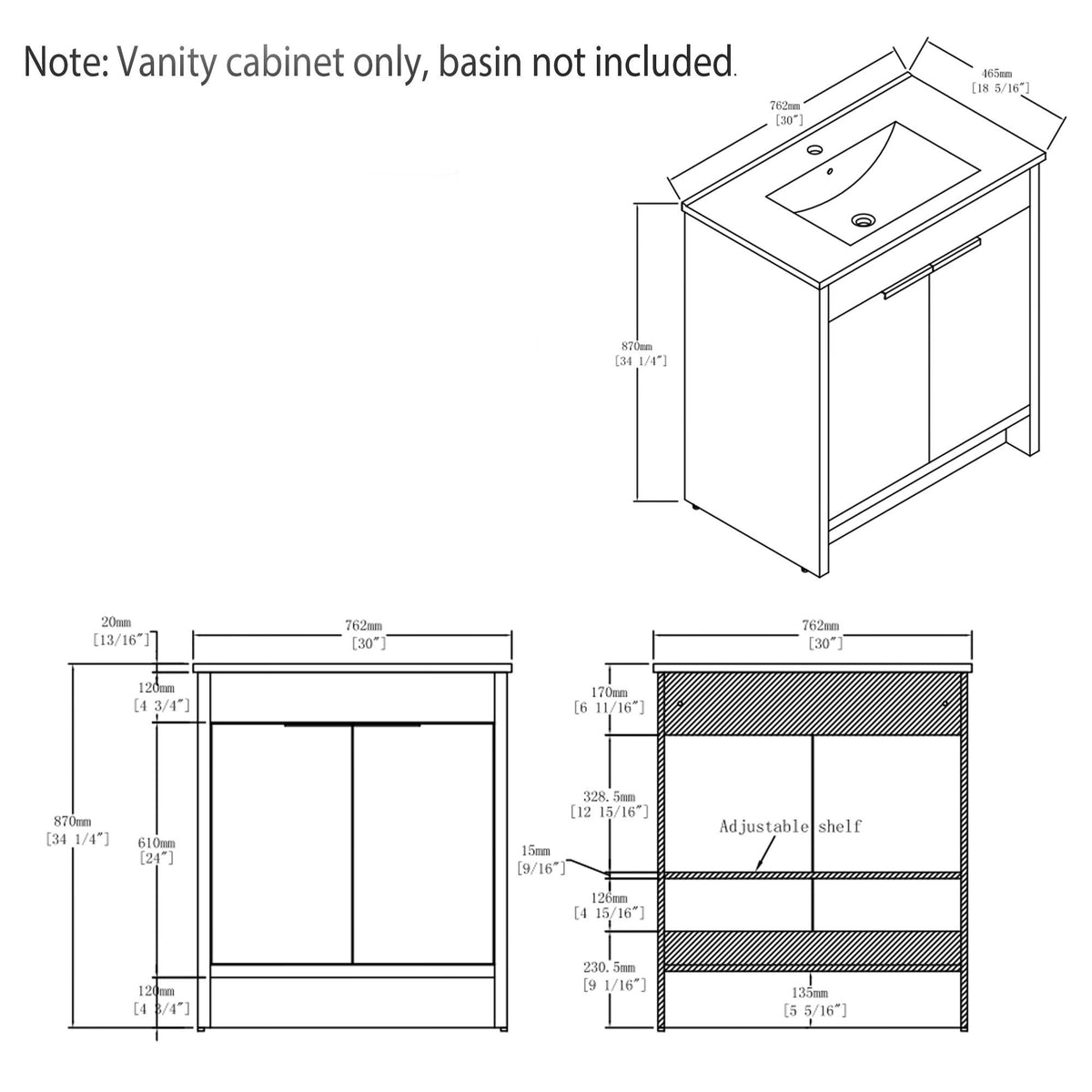 Freestanding Bathroom Vanity Cabinet With Soft Close Doors, Cabinet Only