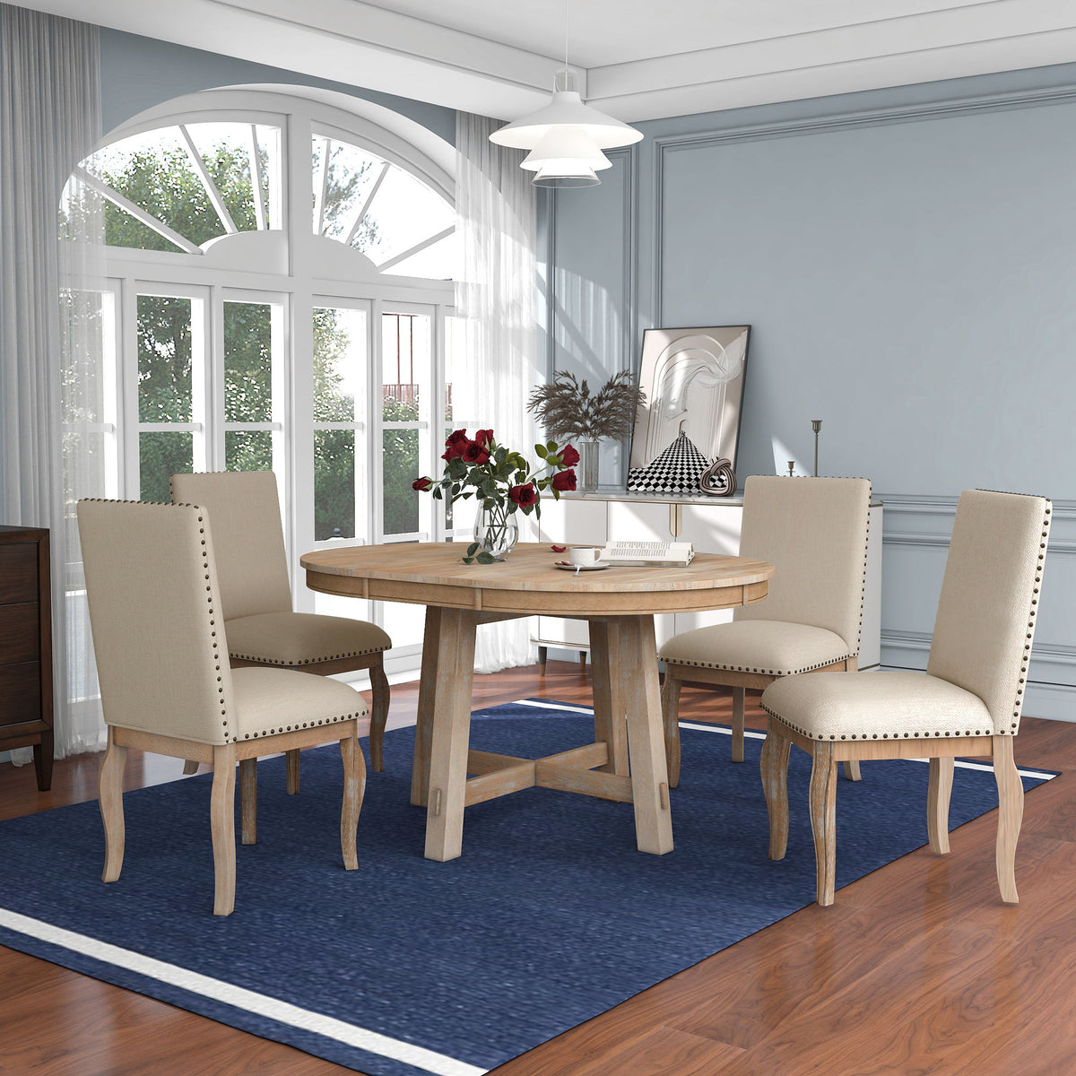 Round Extendable Dining Table Set With 4 Upholstered Chairs