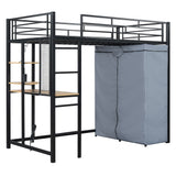 Loft Bed With Desk, Shelves, Power Outlet, LED Light And Wardrobe