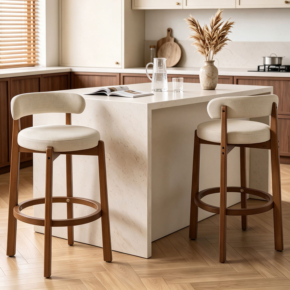 Bar Stool With Curved Backrest, Rounded Edges, And Footrest (Set of 2) - Beige / Walnut