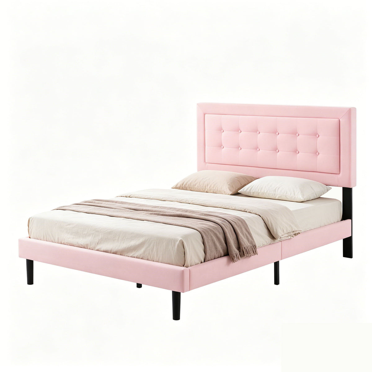 Queen Size, Upholstered Platform Bed With Slats - Pink