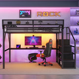 Queen Loft Bed With Desk And Charging Station Stairs And Light - Black