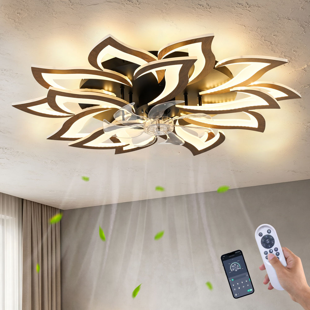 Ceiling Fan With Remote Control And Lights, 6 Speeds, 3 Color Temperatures, Low Profile Flush Mount