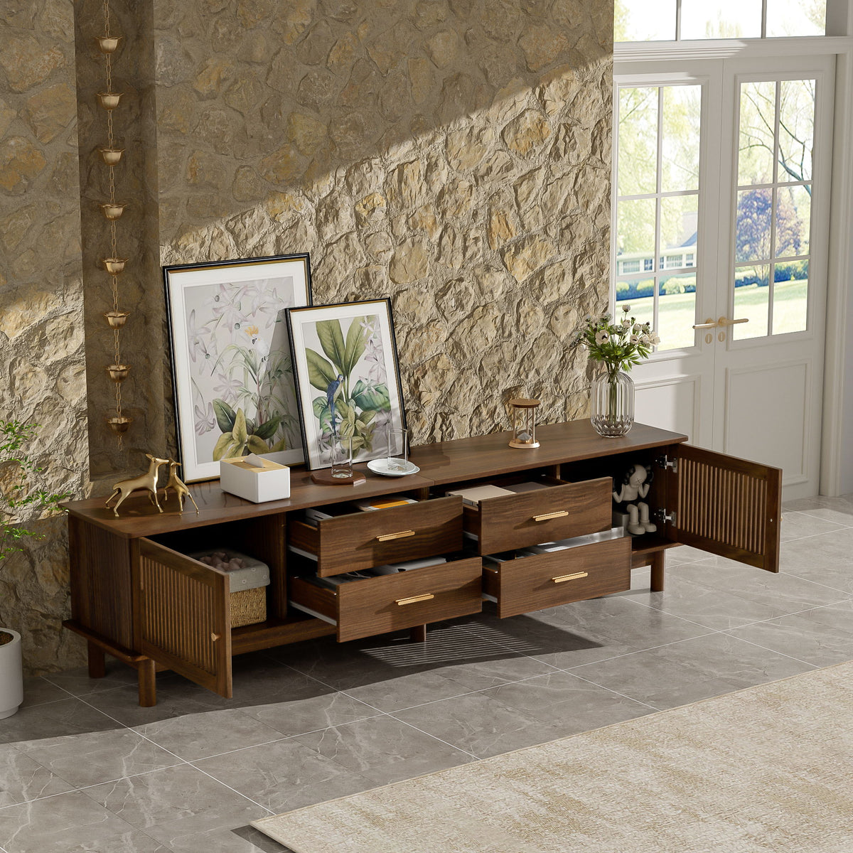 TV Stand For 85" TVs, 4 Smooth Glide Drawers - Walnut