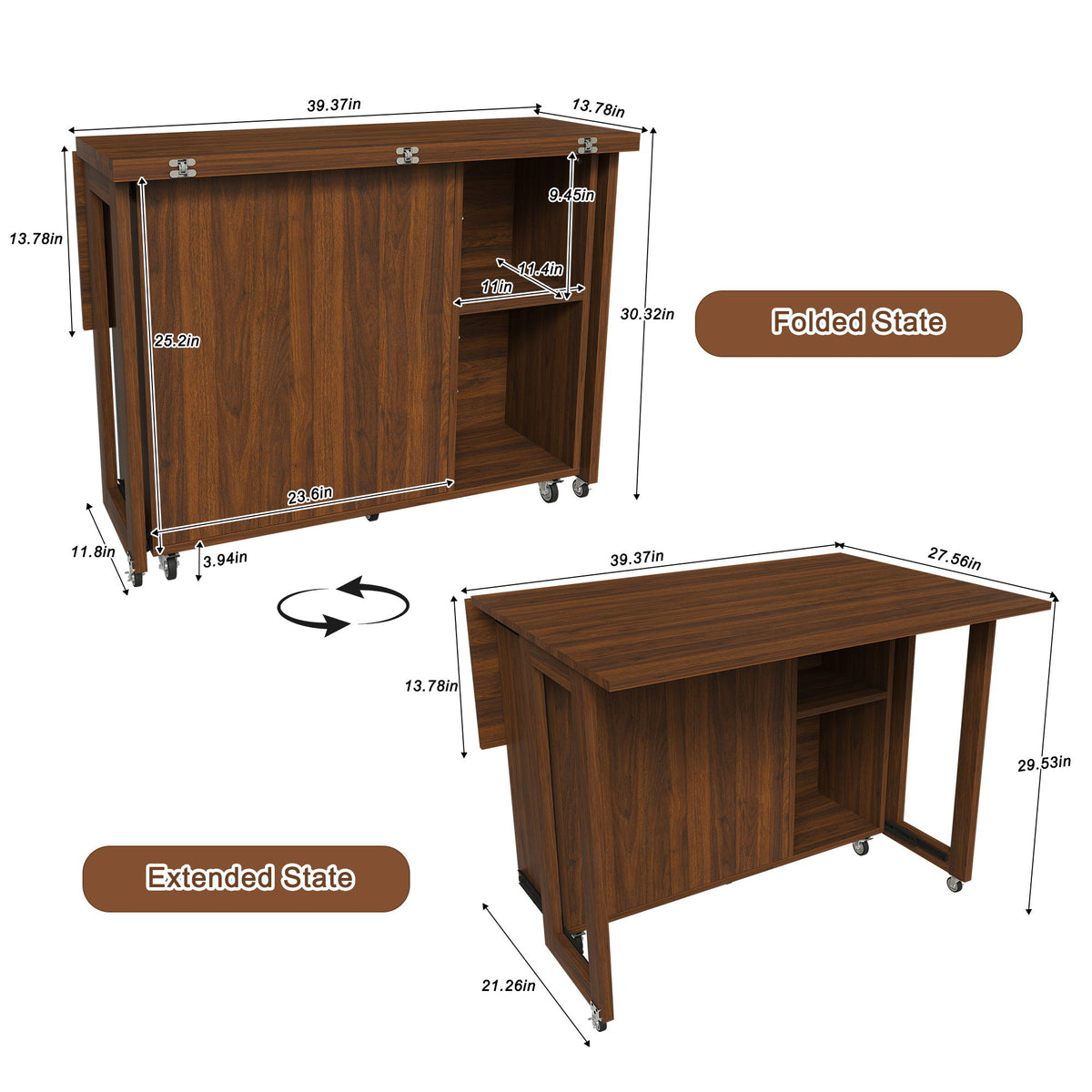 3 In 1 Foldable Side Table With 4 Storage Shelves